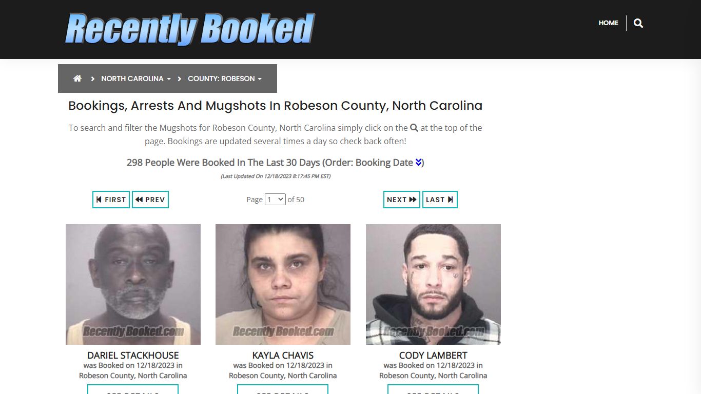 Bookings, Arrests and Mugshots in Robeson County, North Carolina